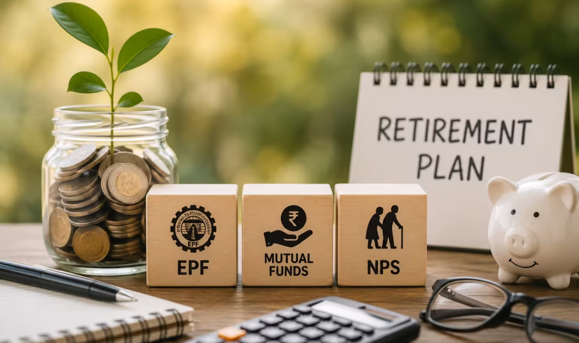Retirement planning concept with EPF, Mutual Funds, and NPS