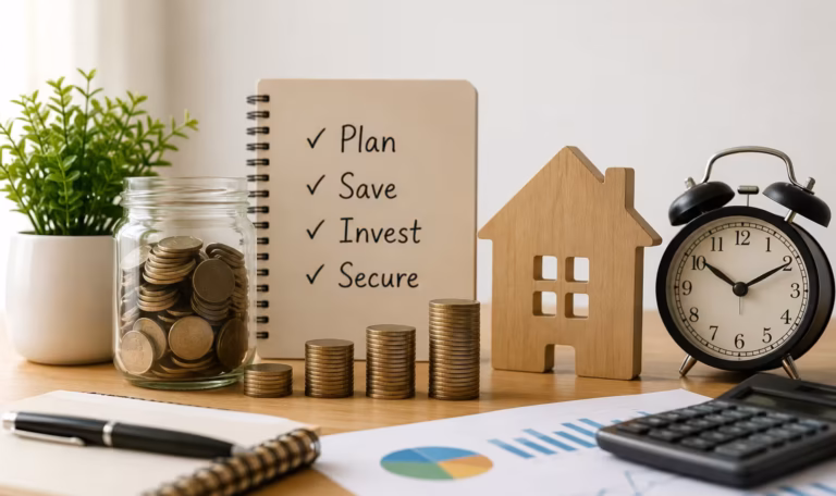 Financial planning with savings, investment growth, and retirement planning