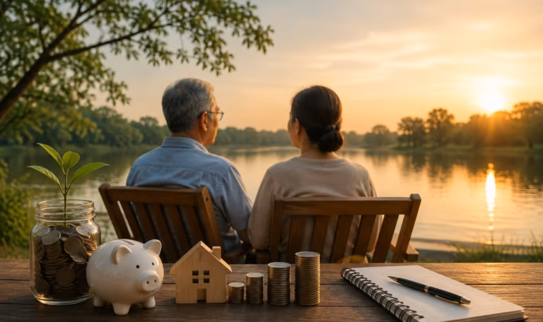 Couple enjoying a peaceful retirement by a lake with savings, investment coins, and financial planning symbols.