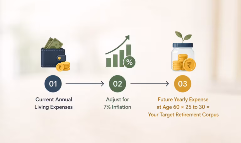 Three-step retirement planning process showing current annual living expenses