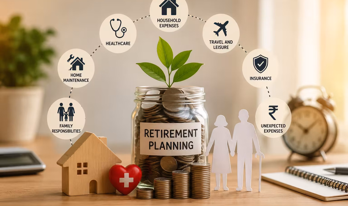 Retirement planning with savings, healthcare, housing, travel, insurance, and family financial needs.