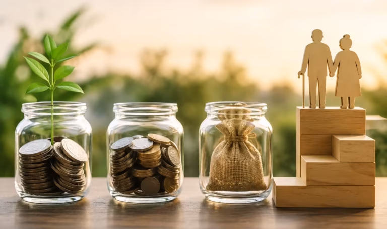 Retirement savings concept with coin jars, a growing plant, and an elderly couple standing on wooden steps, representing long-term financial planning and wealth growth.