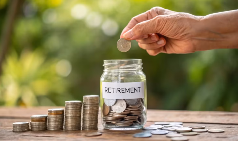Hand placing a coin into a retirement savings jar