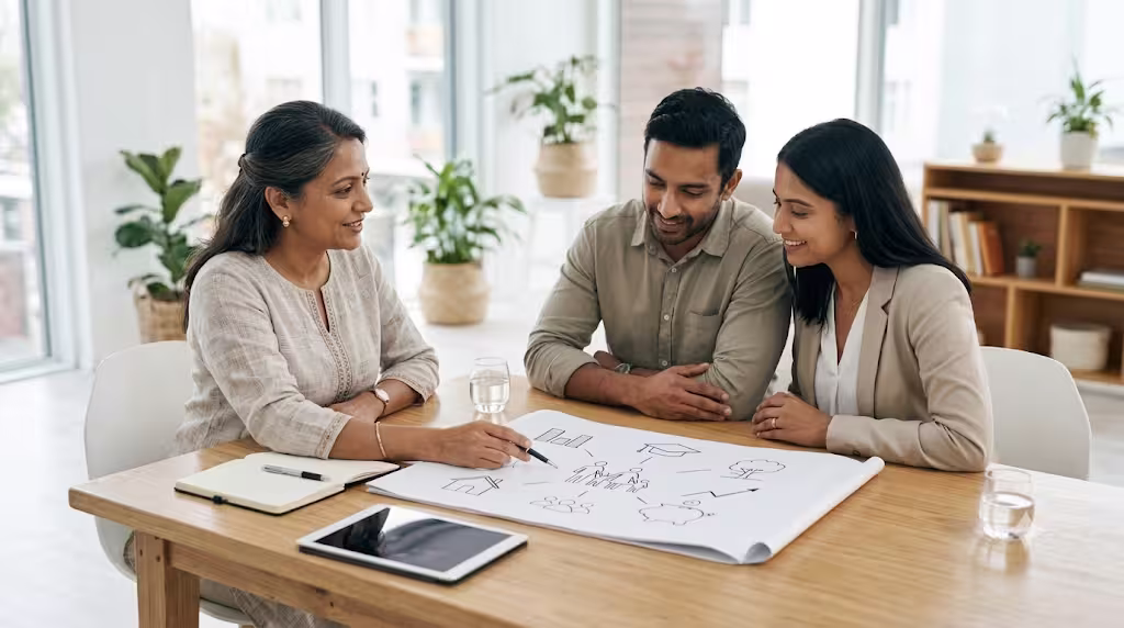 An Indian financial advisor discussing hand-drawn life goals with an Indian couple.