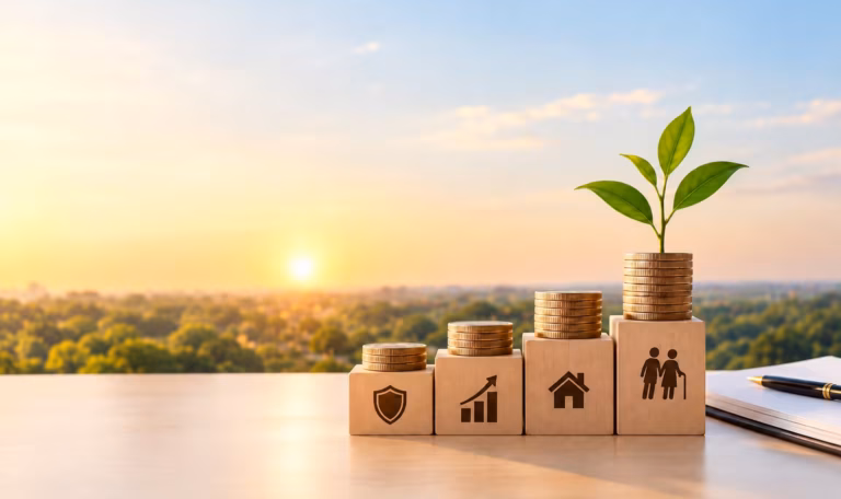 Financial planning concept with growing coin stacks, a plant, and life goal blocks.