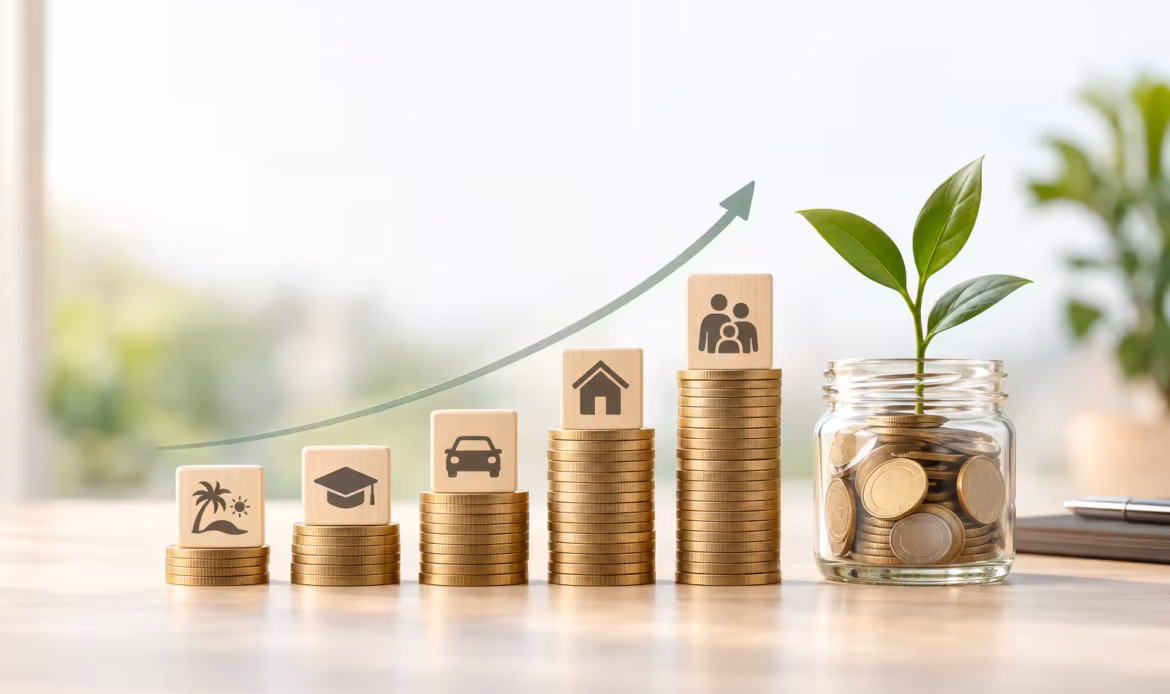Financial growth concept with rising coin stacks, life goal icons, an upward arrow, and a plant in a coin jar.