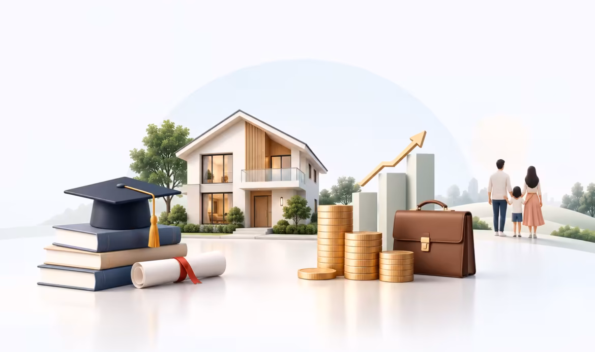 3D illustration representing financial planning and life milestones, featuring a graduation cap on books, a modern house, stacks of gold coins