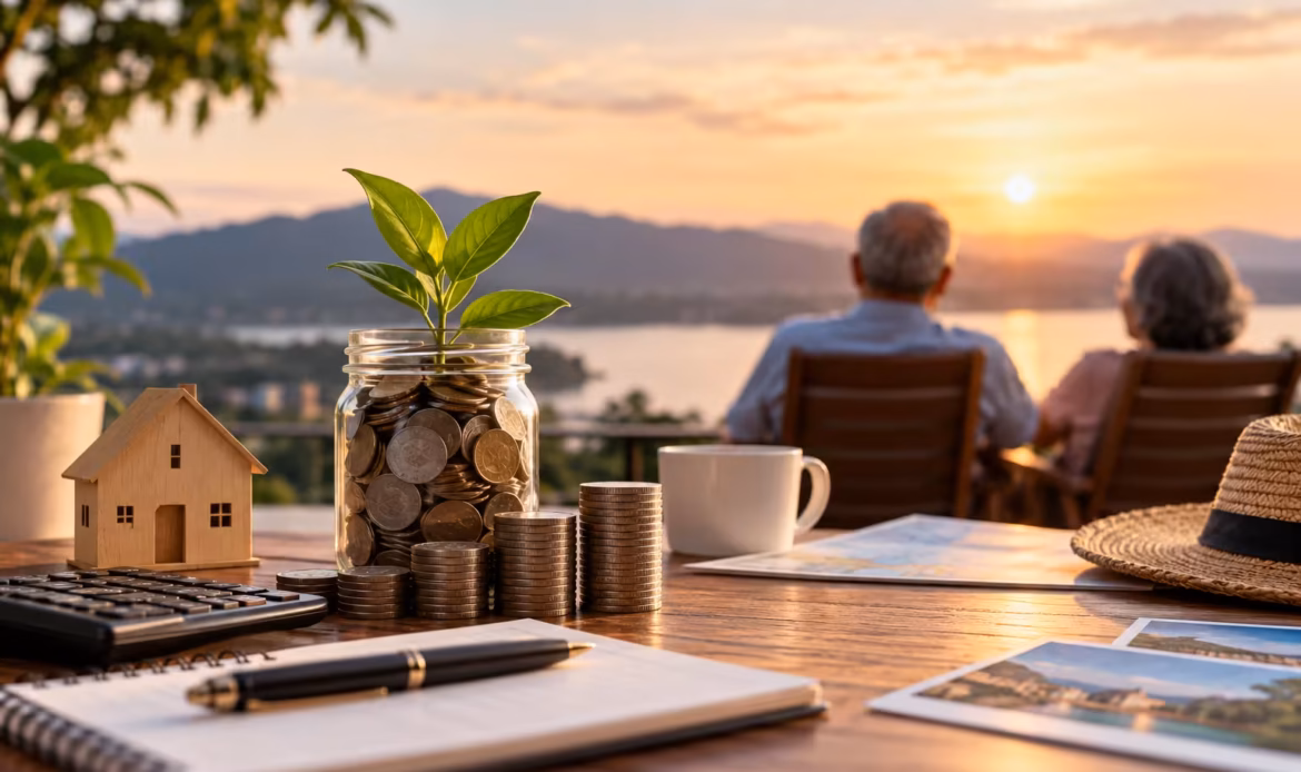 Retired couple enjoying a sunset while savings, coins, and financial planning materials sit on a table in the foreground.