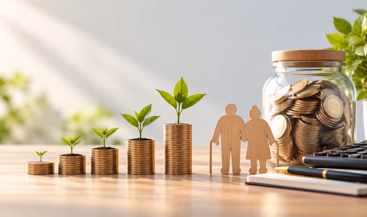 Retirement planning concept with growing stacks of coins, an elderly couple, savings jar, calculator, and financial planning notebook
