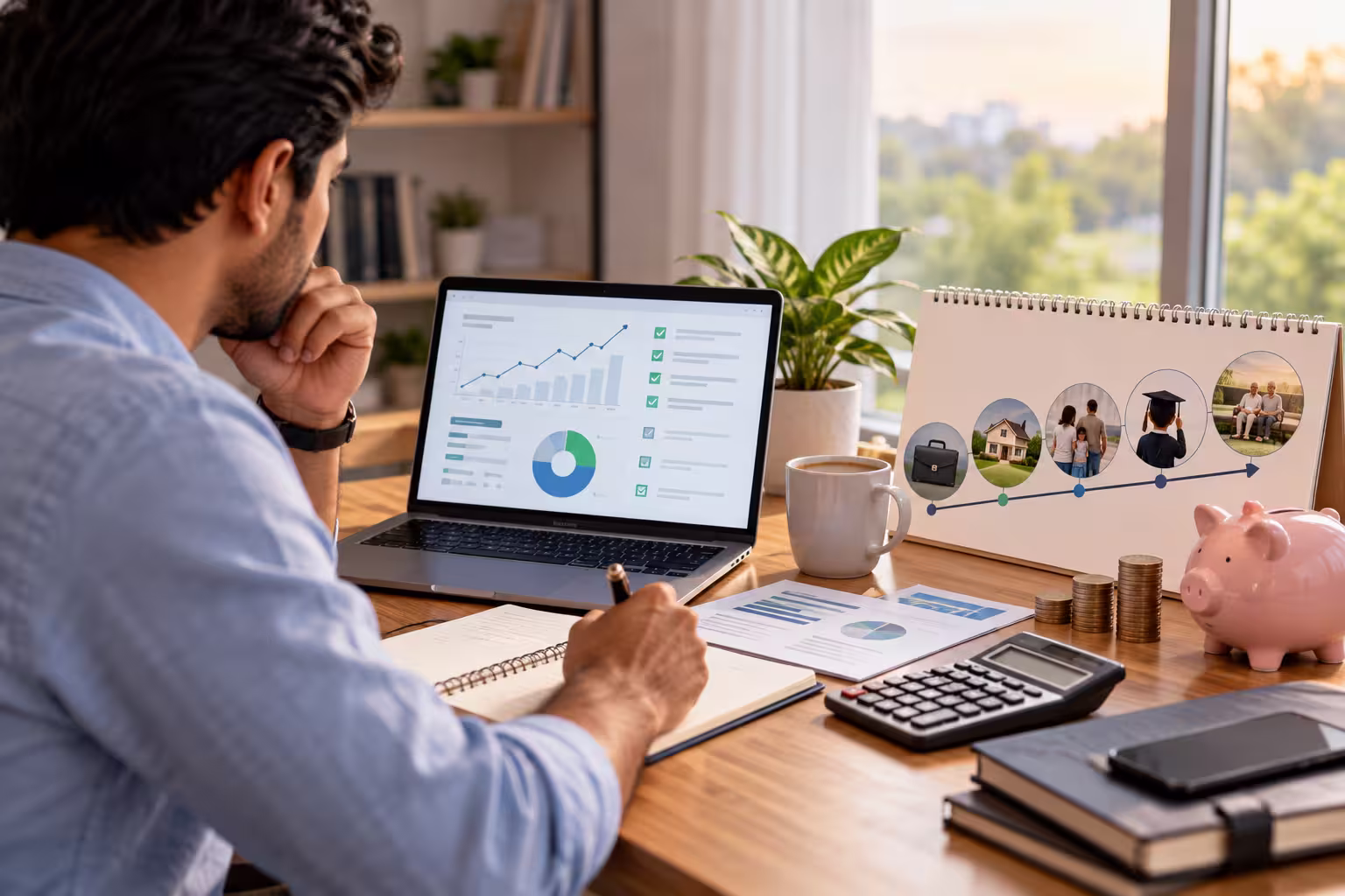 A man reviewing his retirement plan on a laptop with financial charts, savings, and life planning milestones on his desk.