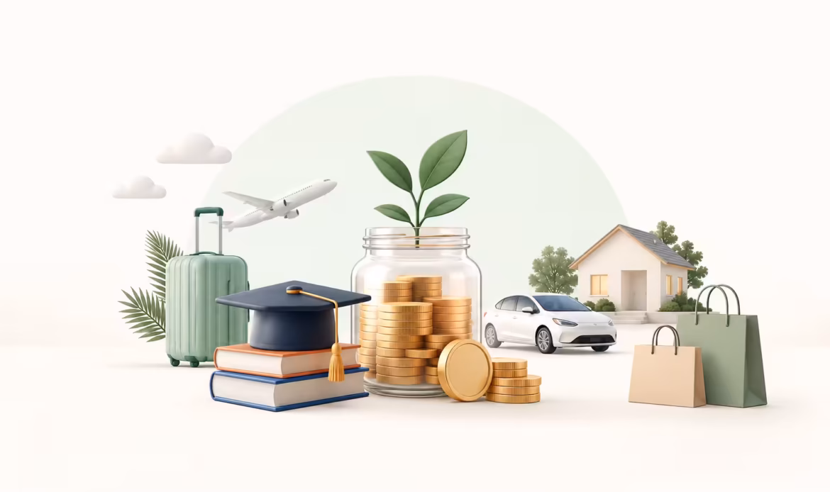 3D illustration of a coin jar with a growing plant, surrounded by financial life goals