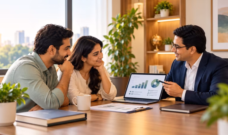Financial advisor helping a couple with wealth and financial planning