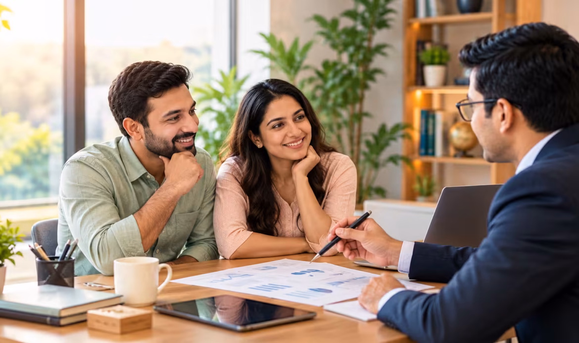 Financial advisor helping a couple plan investments, retirement and long-term financial goals.