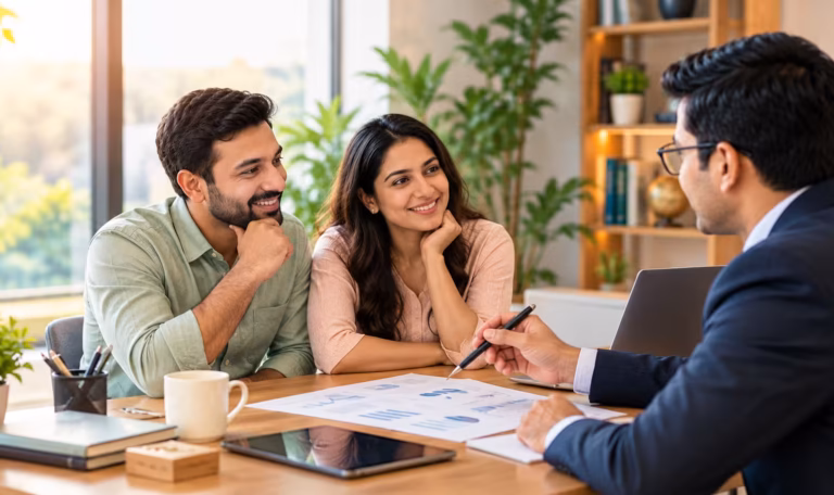 Financial advisor helping a couple plan investments, retirement and long-term financial goals.