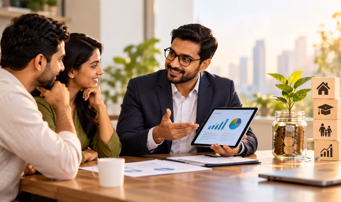 **Alt text:** Financial advisor in India discussing investment planning with a couple using financial charts and savings goals.