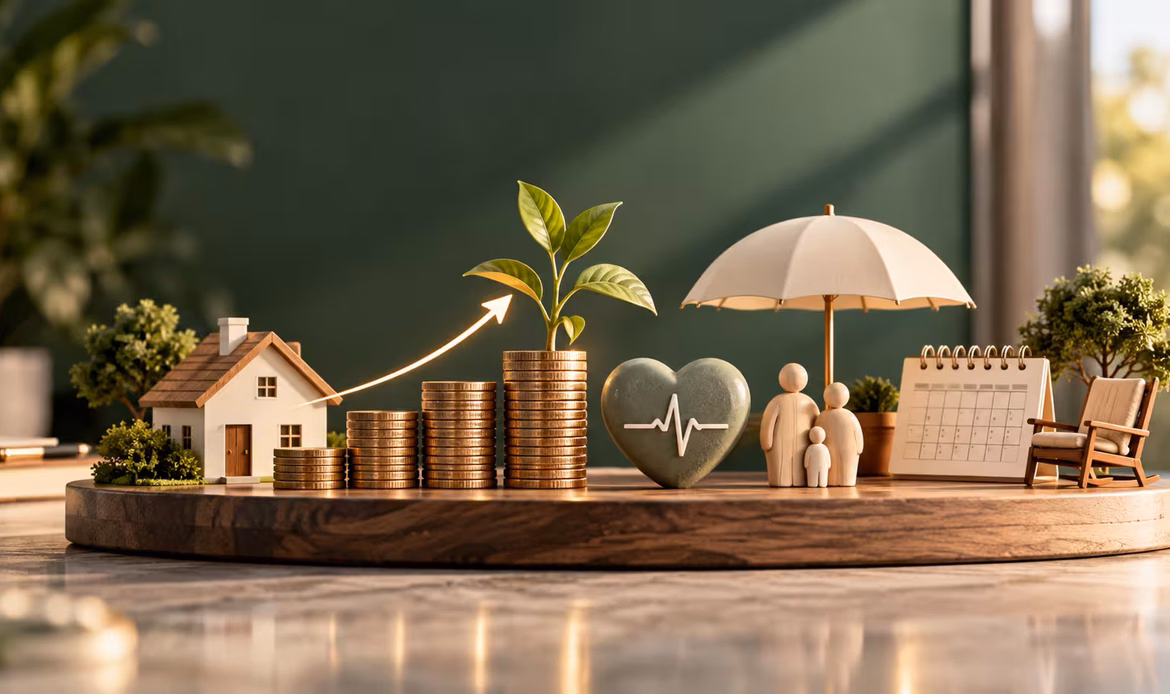 Retirement planning with savings growth, healthcare, family security, and financial freedom.