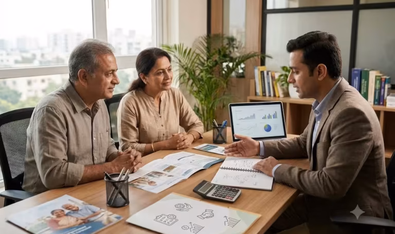 Indian retired couple consulting a financial advisor about retirement planning and investments.
