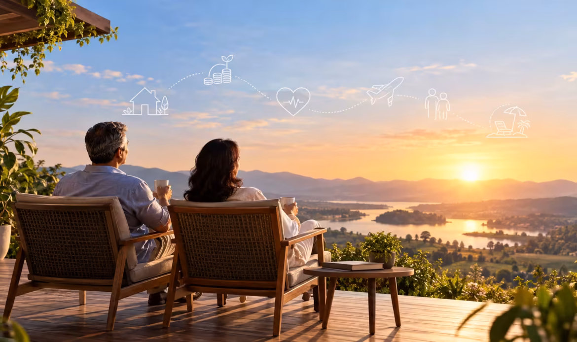 Retirement planning for financial freedom, featuring a retired couple enjoying a peaceful sunset together, symbolizing financial security and a comfortable retirement.