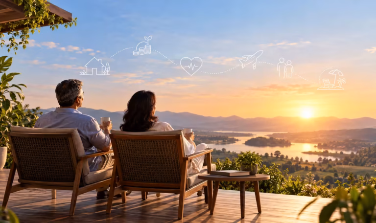 Retirement planning for financial freedom, featuring a retired couple enjoying a peaceful sunset together, symbolizing financial security and a comfortable retirement.