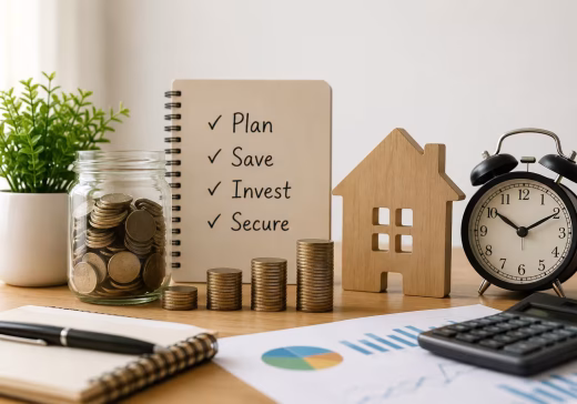 Financial planning with savings, investment growth, and retirement planning