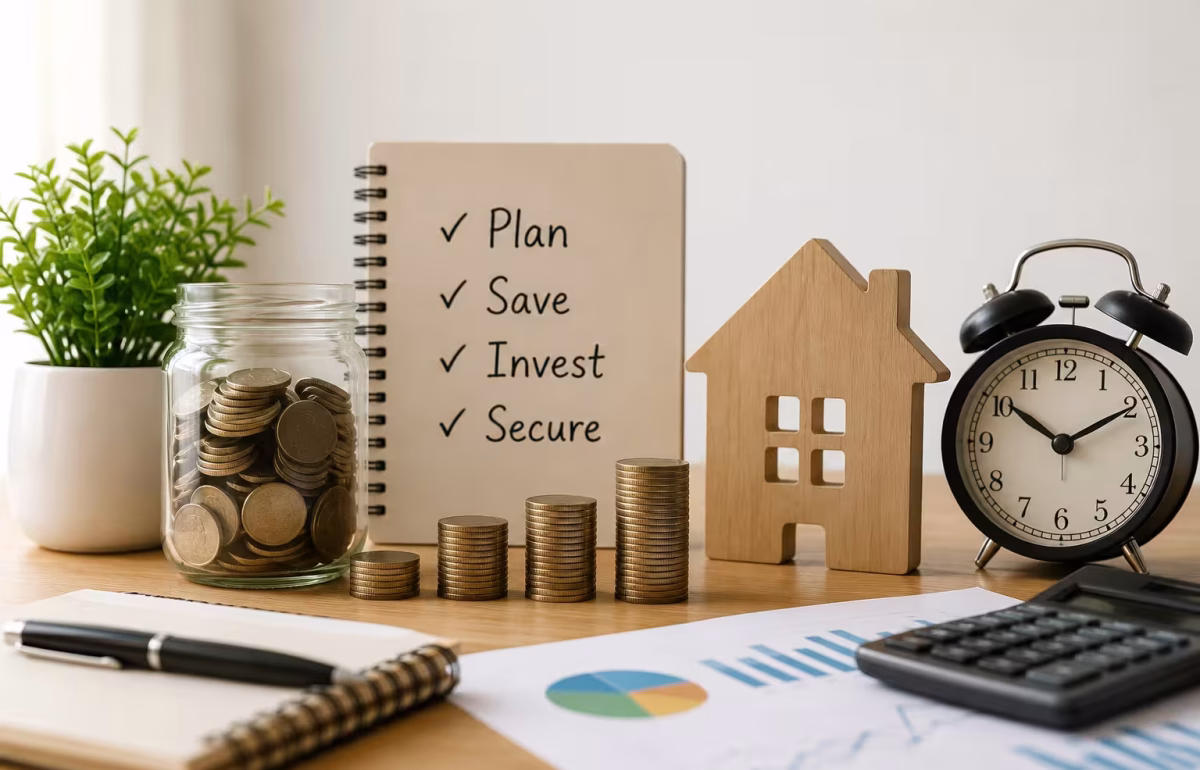 Financial planning with savings, investment growth, and retirement planning