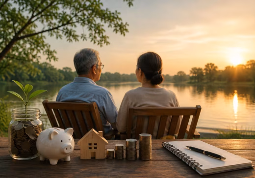 Couple enjoying a peaceful retirement by a lake with savings, investment coins, and financial planning symbols.