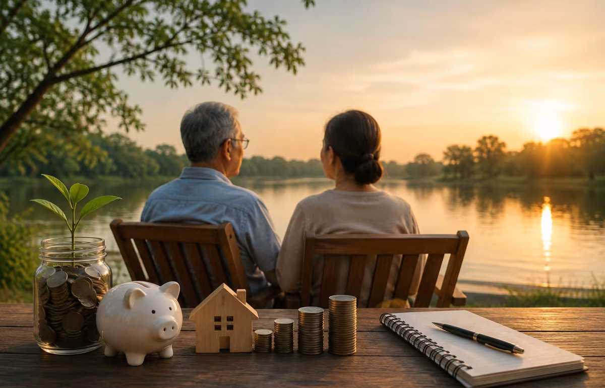Couple enjoying a peaceful retirement by a lake with savings, investment coins, and financial planning symbols.