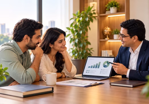 Financial advisor helping a couple with wealth and financial planning