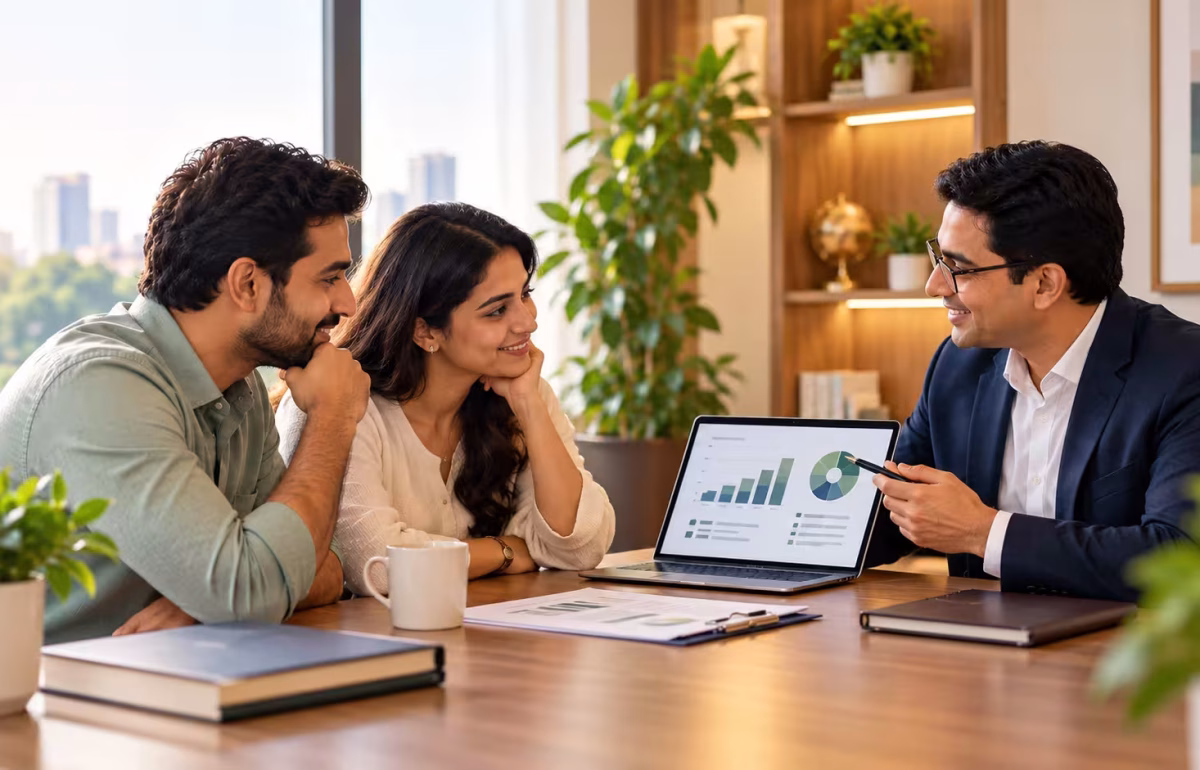 Financial advisor helping a couple with wealth and financial planning