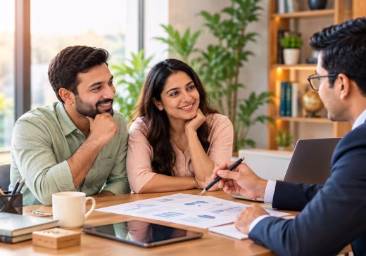 Financial advisor helping a couple plan investments, retirement and long-term financial goals.
