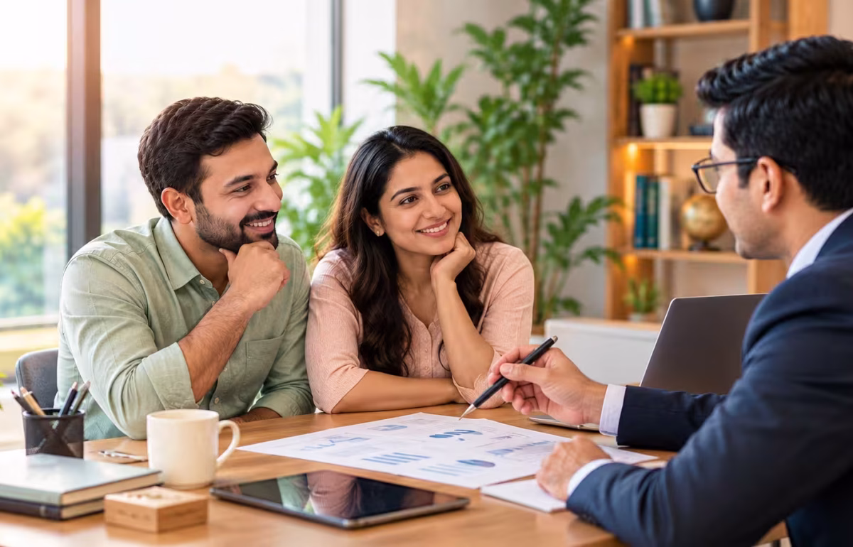 Financial advisor helping a couple plan investments, retirement and long-term financial goals.