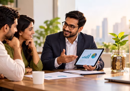 **Alt text:** Financial advisor in India discussing investment planning with a couple using financial charts and savings goals.