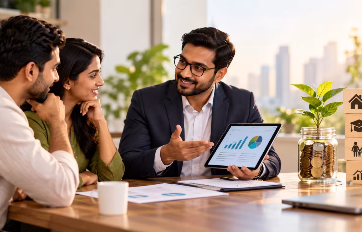 **Alt text:** Financial advisor in India discussing investment planning with a couple using financial charts and savings goals.