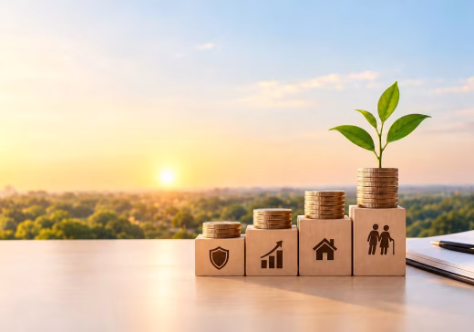 Financial planning concept with growing coin stacks, a plant, and life goal blocks.