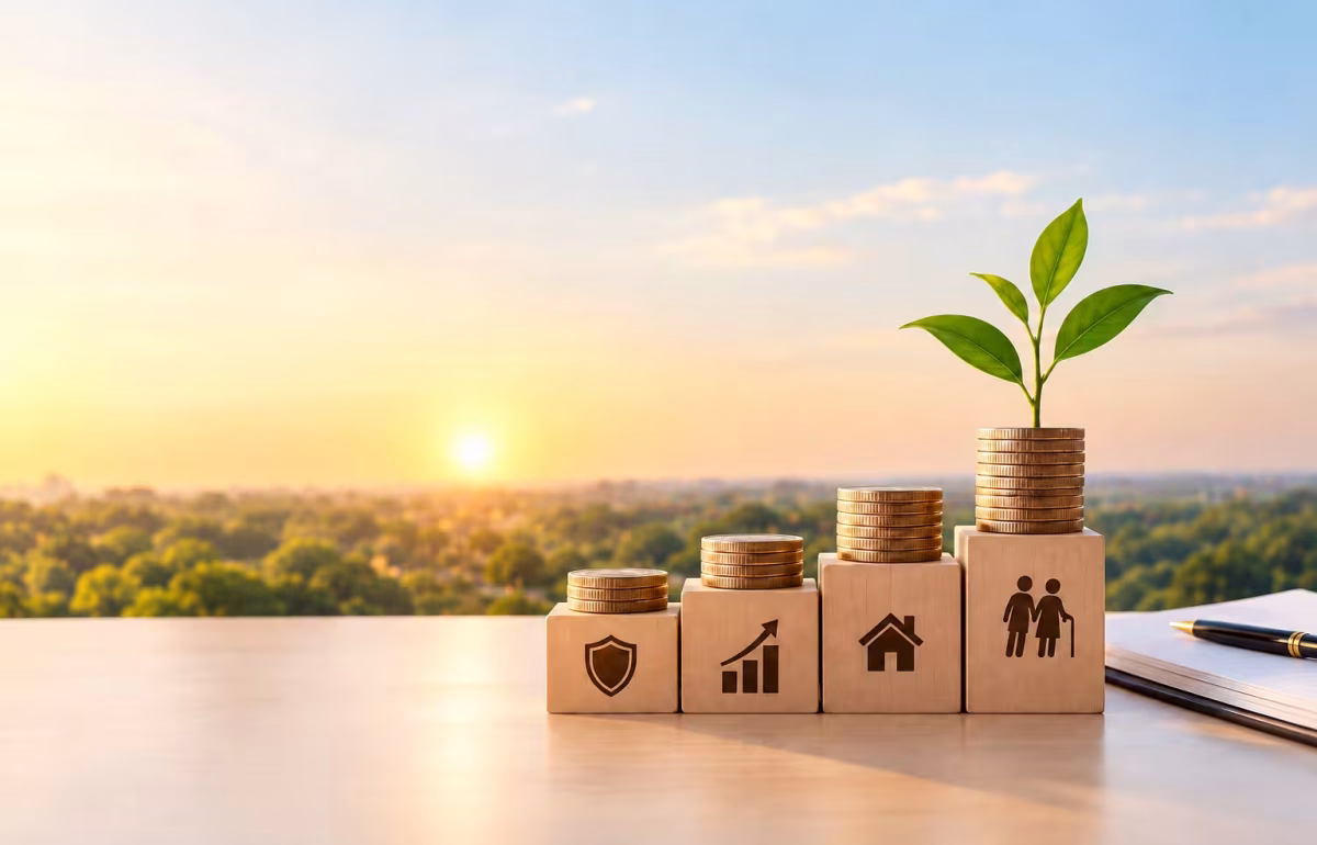 Financial planning concept with growing coin stacks, a plant, and life goal blocks.