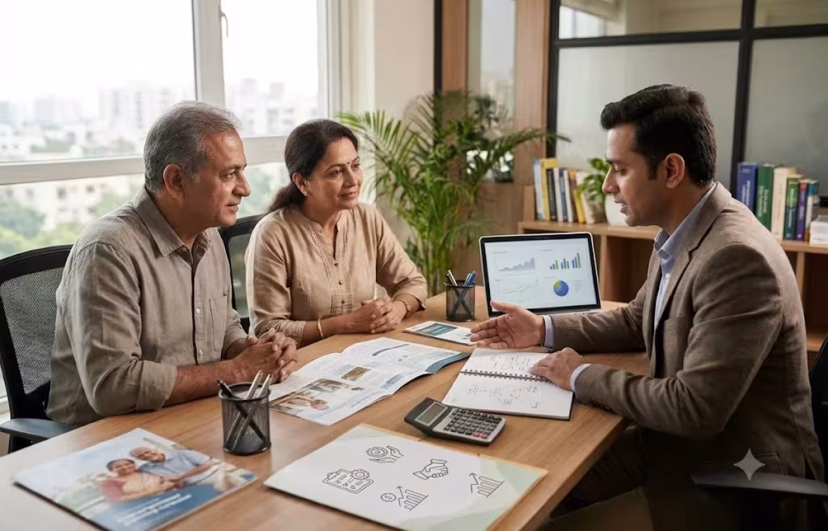 Indian retired couple consulting a financial advisor about retirement planning and investments.