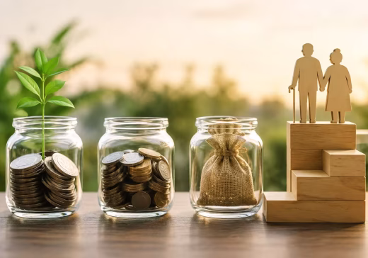 Retirement savings concept with coin jars, a growing plant, and an elderly couple standing on wooden steps, representing long-term financial planning and wealth growth.
