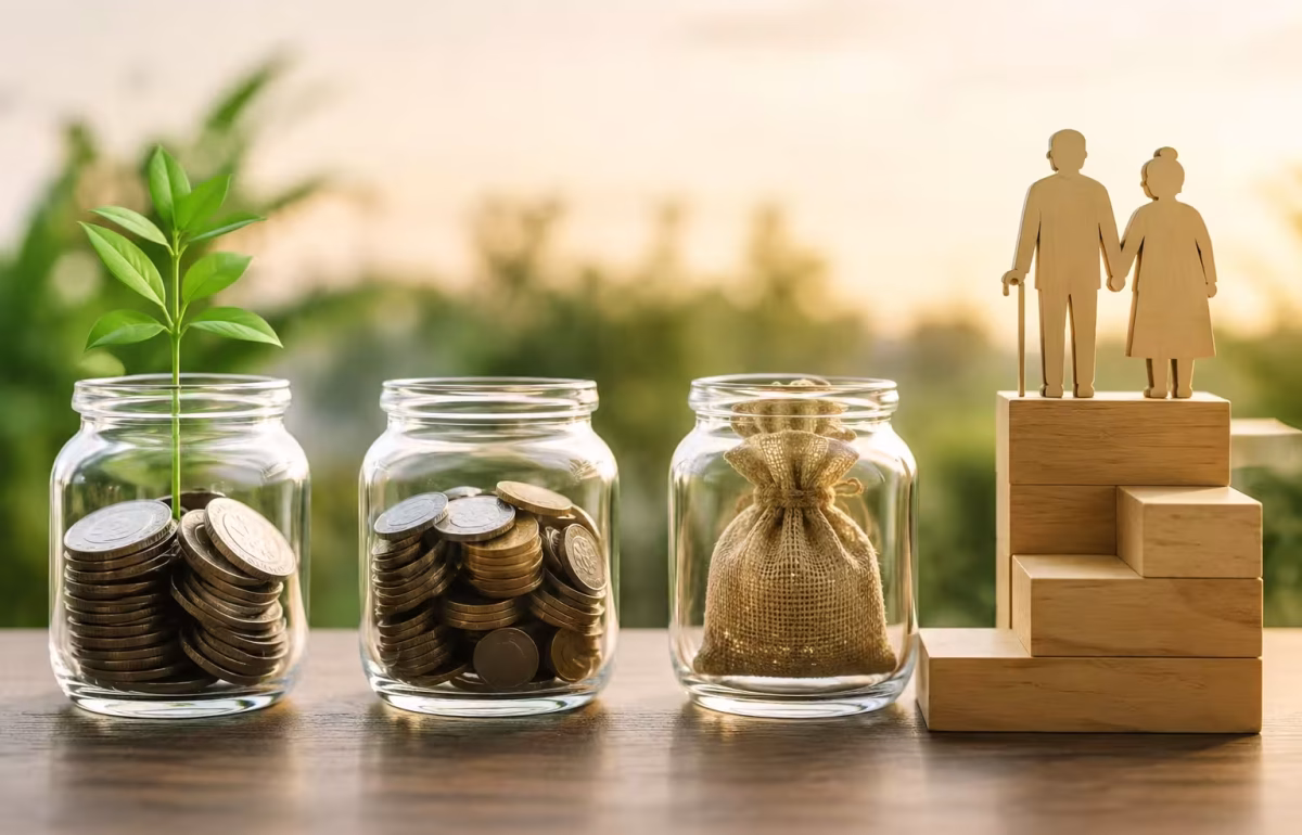 Retirement savings concept with coin jars, a growing plant, and an elderly couple standing on wooden steps, representing long-term financial planning and wealth growth.