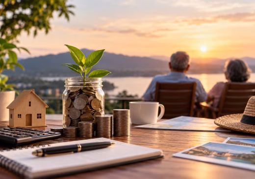 Retired couple enjoying a sunset while savings, coins, and financial planning materials sit on a table in the foreground.
