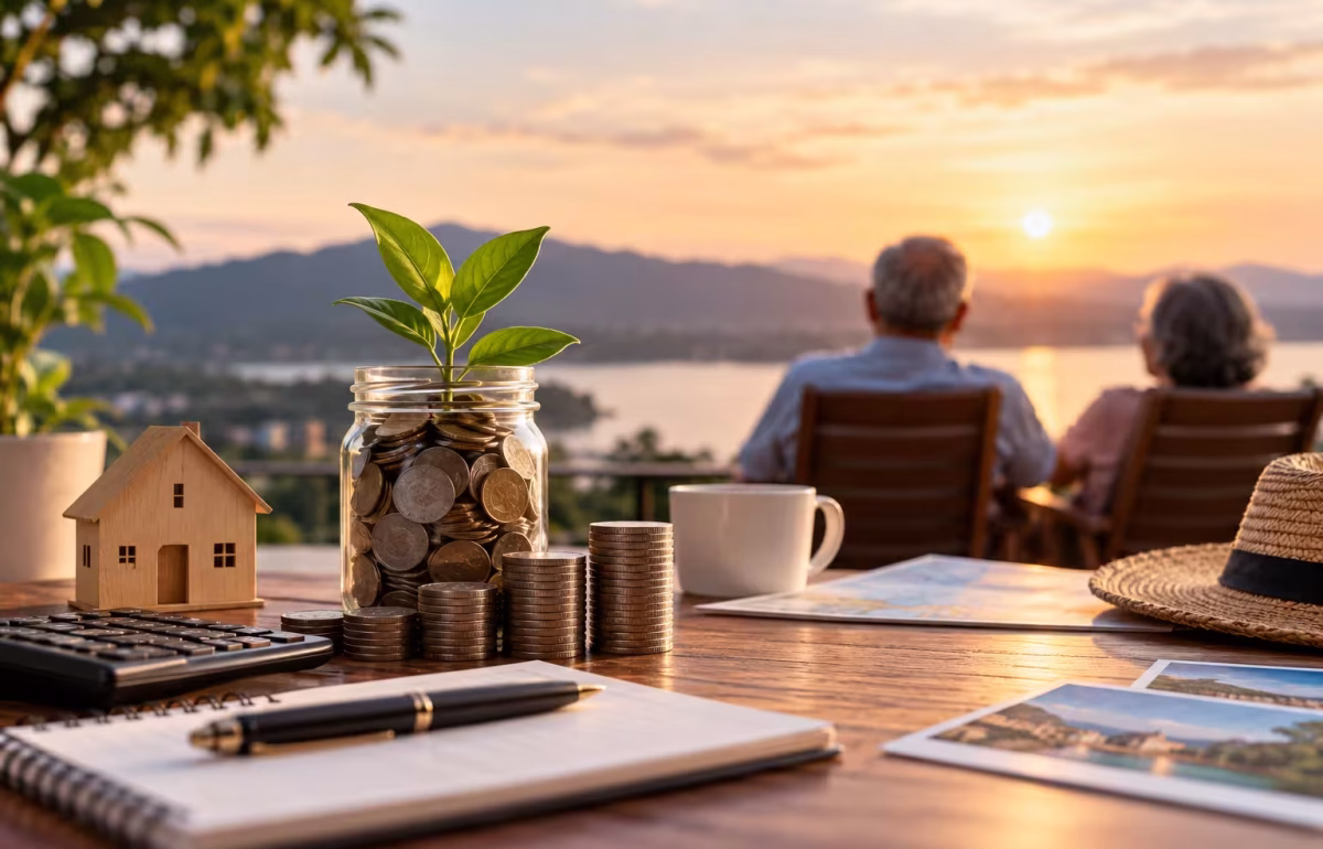 Retired couple enjoying a sunset while savings, coins, and financial planning materials sit on a table in the foreground.