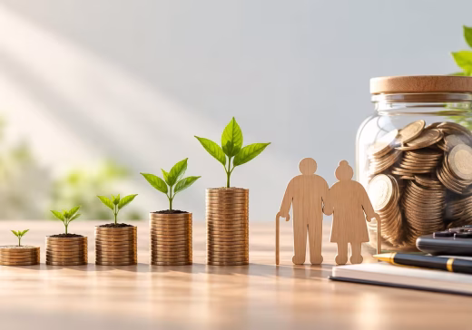 Retirement planning concept with growing stacks of coins, an elderly couple, savings jar, calculator, and financial planning notebook