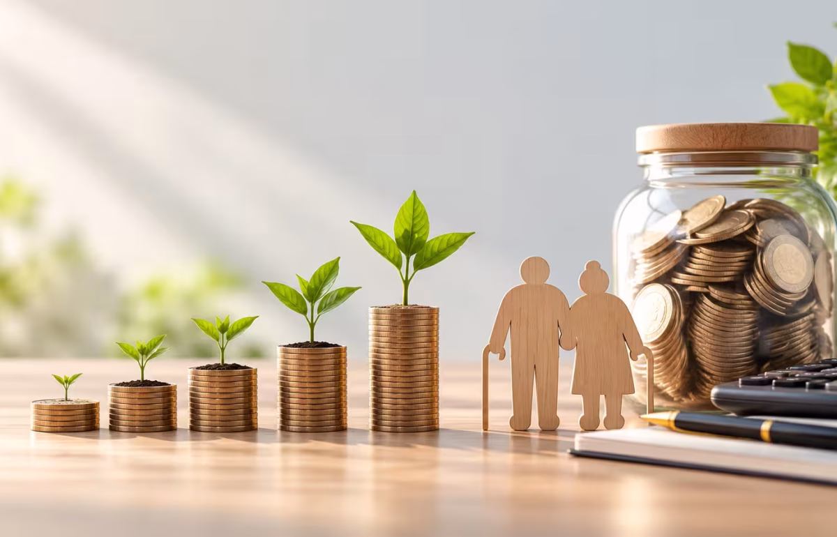 Retirement planning concept with growing stacks of coins, an elderly couple, savings jar, calculator, and financial planning notebook