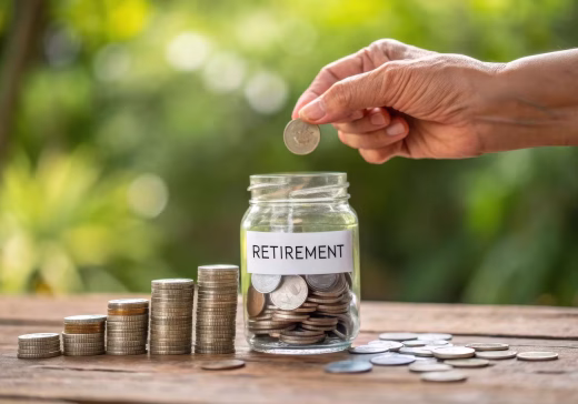 Hand placing a coin into a retirement savings jar