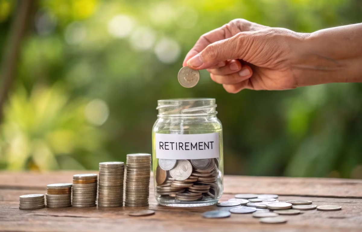 Hand placing a coin into a retirement savings jar
