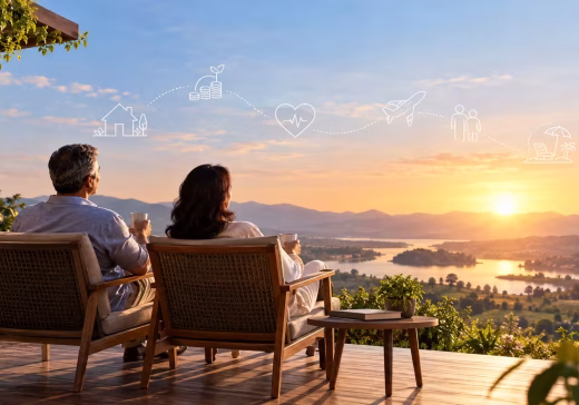 Retirement planning for financial freedom, featuring a retired couple enjoying a peaceful sunset together, symbolizing financial security and a comfortable retirement.