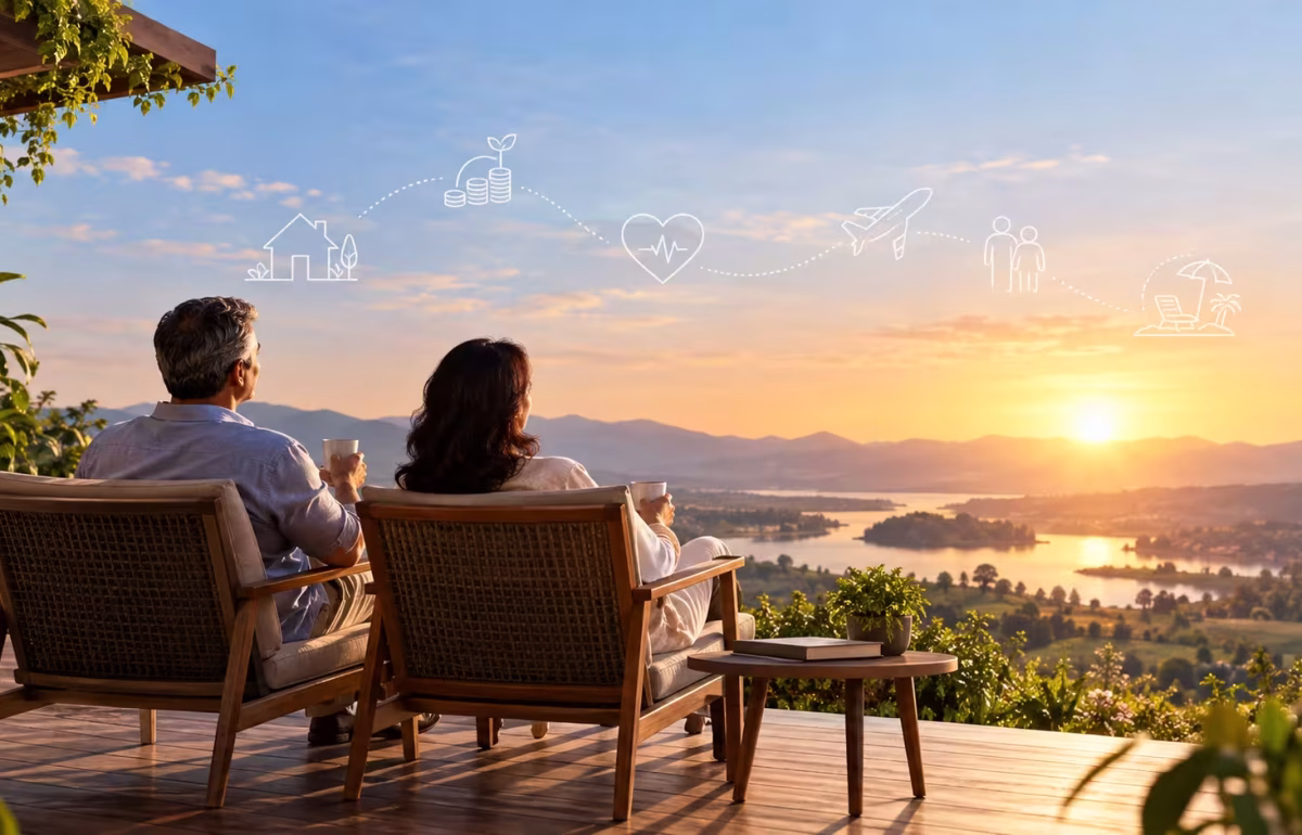 Retirement planning for financial freedom, featuring a retired couple enjoying a peaceful sunset together, symbolizing financial security and a comfortable retirement.